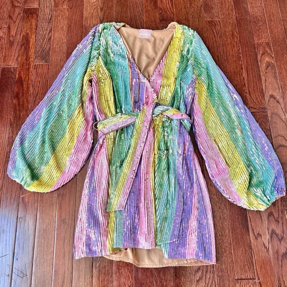 Show Me Your Mumu Wear Me Out Rainbow Sequin Mini Wrap Dress Puffy Sleeve